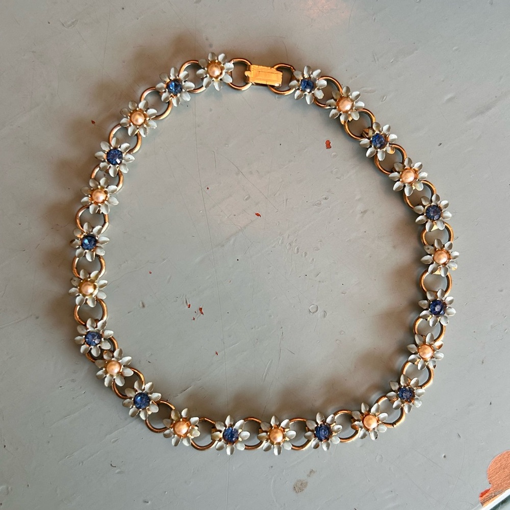 Vintage 1960s Daisy Chain Necklace with Pearls and Blue Crystals